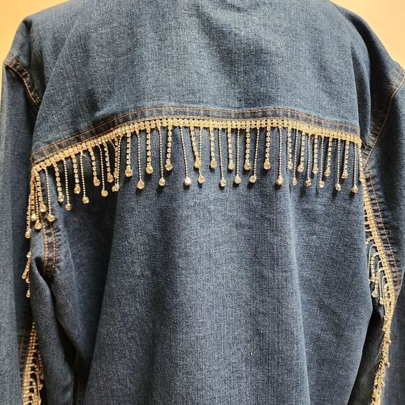 Upcycled Custom Jean Jacket Trimmed in Rhinestone Fringe Size M - Picture 8 of 10